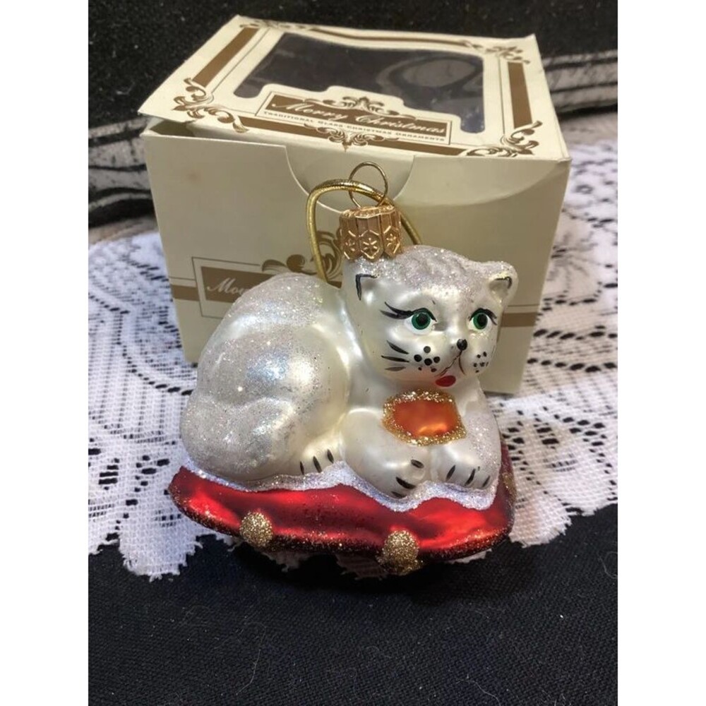 Vintage Mouth Blown & Hand Painted Glass White Cat Christmas Ornament Poland
